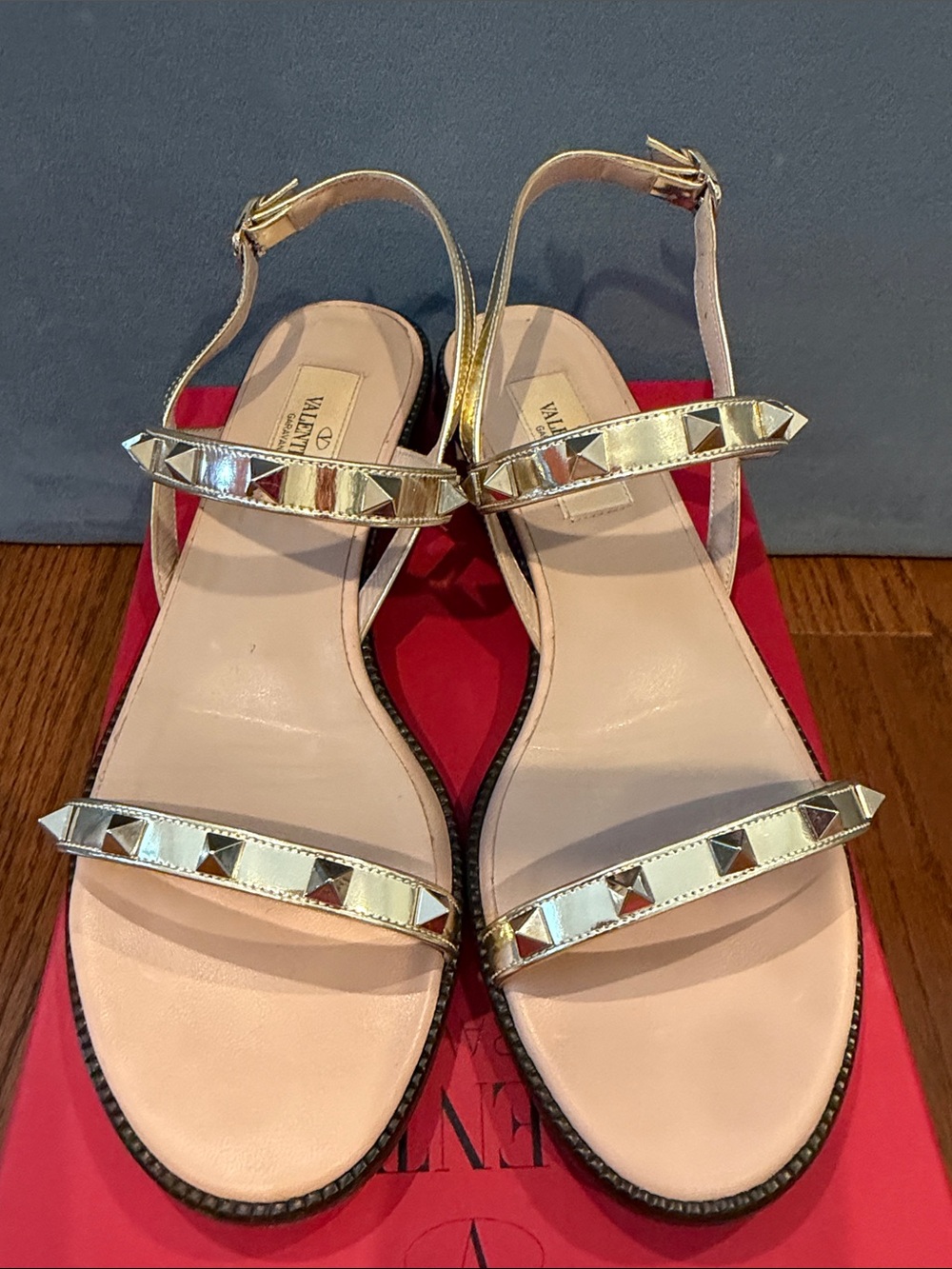 Valentino Garavani Gold RockStud Slingback Sandals with Beige Insole